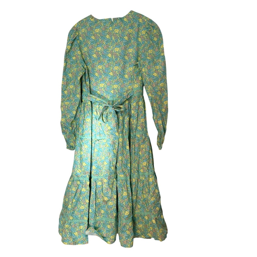 Vintage Floral Tiered Midi Dress Womens‎ Medium Green Blue Yellow Long Sleeve